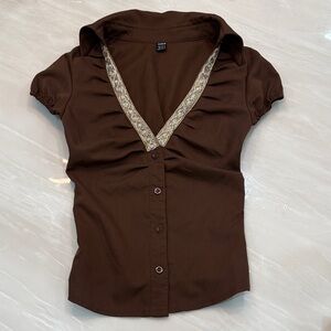 SHEIN Brown Short Sleeve Blouse with Embroidered Trim